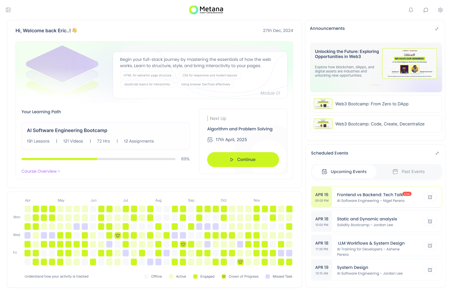 Metana LMS dashboard