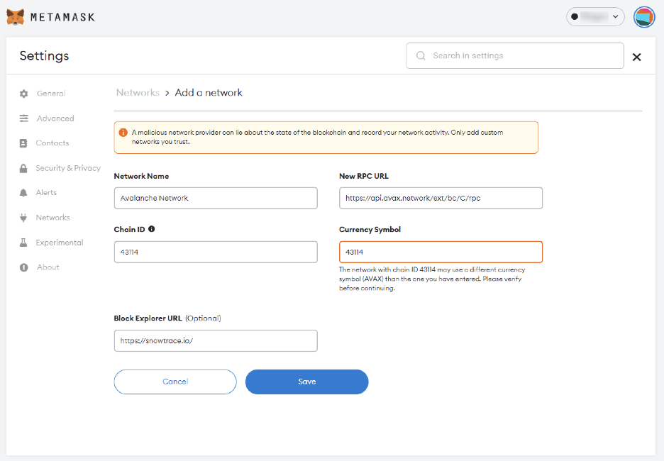 add avalanche to metamask	