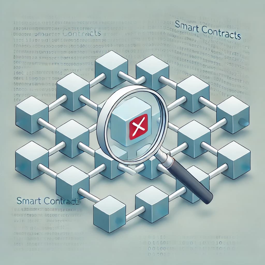 Visual representation of a blockchain highlighting errors in smart contracts, featuring interlocked digital blocks with some blocks highlighted in red and a magnifying glass showing an error symbol.