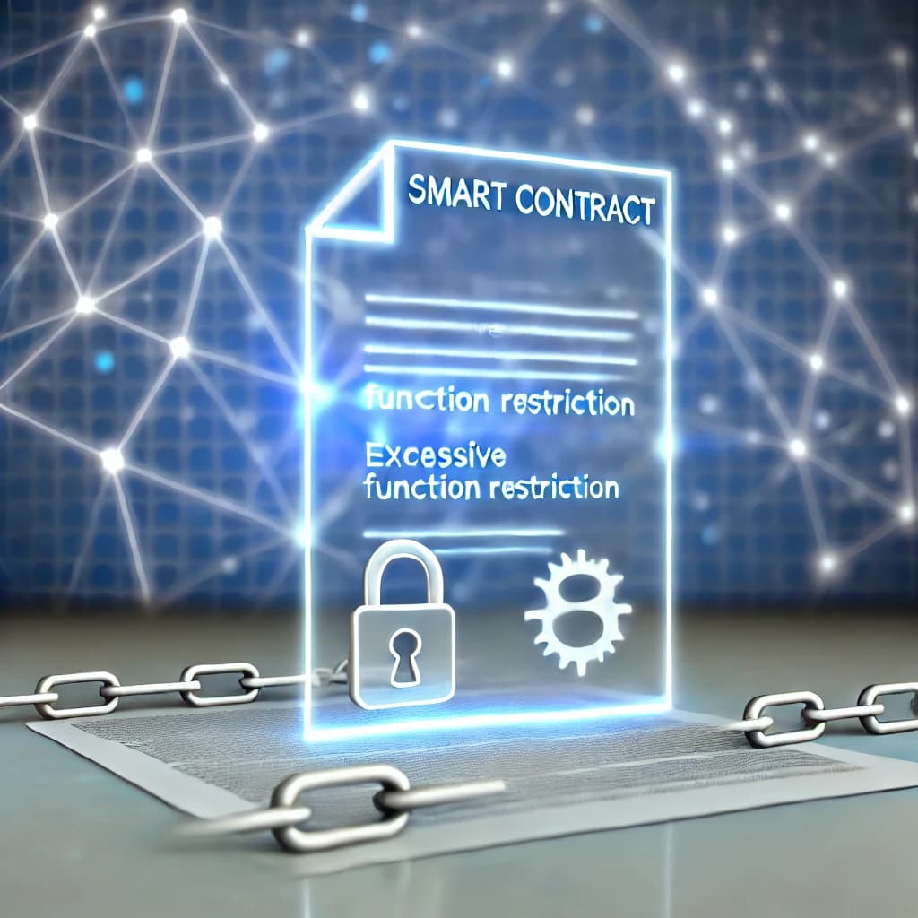 Image of a smart contract with chains and a lock, symbolizing excessive function restriction, against a blockchain background with a soft blue glow.