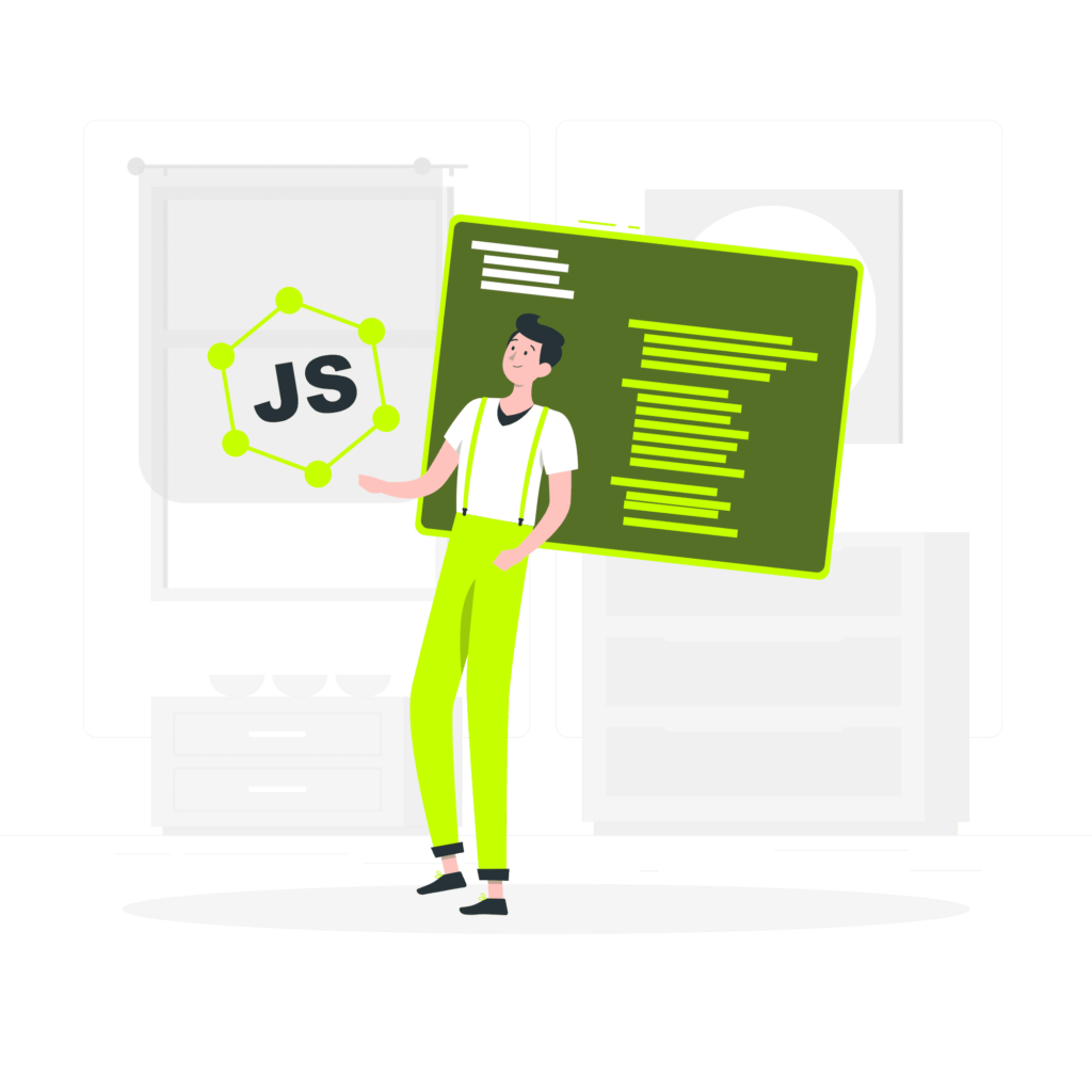 Illustration of JavaScript developer working with code, demonstrating JavaScript splice and JavaScript array splice methods