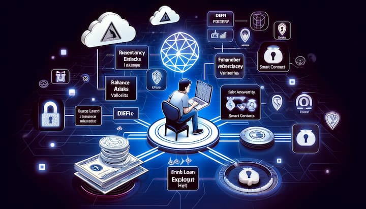 Visual representation of DeFi protocol vulnerabilities showing smart contract security flaws, reentrancy attacks, flash loan exploits, and oracle manipulations, with a developer implementing security measures